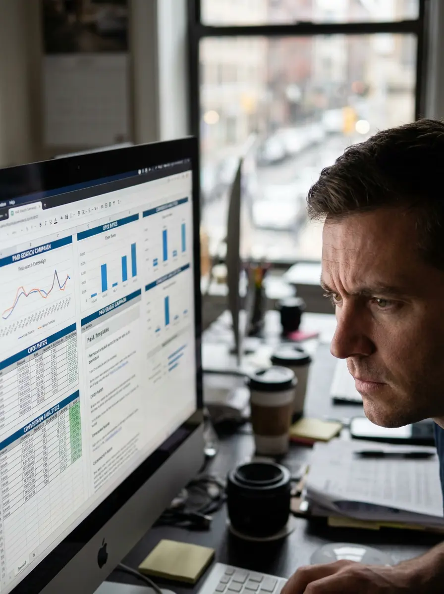 an image of a male marketing director looking at her computer reviewing a ecommerce email marketing campaign that digital mully could be managing instead