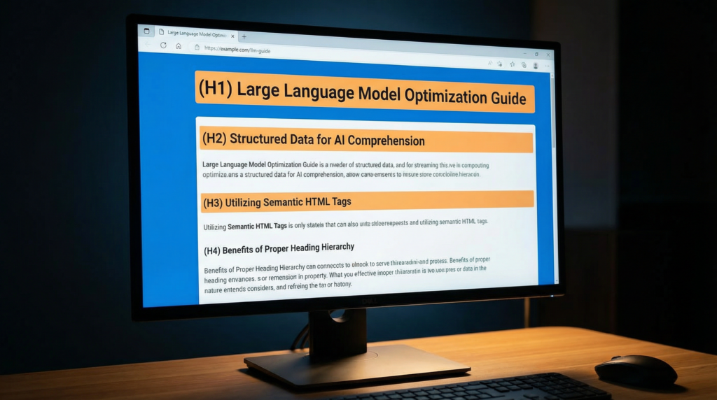 a computer monitor displaying a webpage that has a structured hierarchy utilizing h tags properly