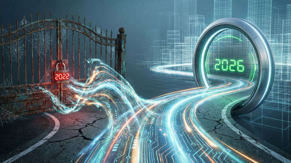 a conceptual image of an ai energy stream navigating a fork in the road