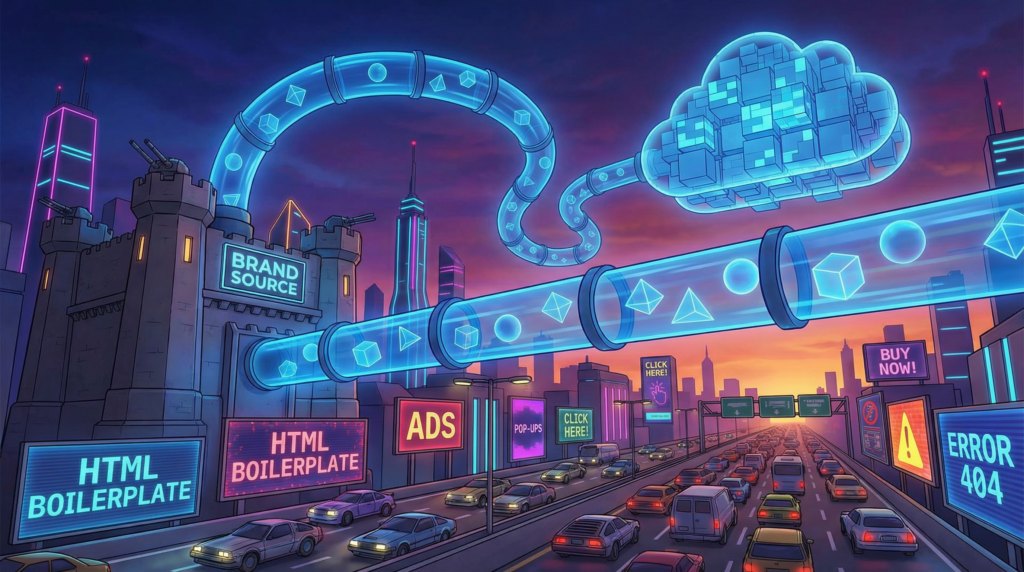 a futuristic cityscape at twilight representing the internet