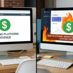 An ecommerce website migrating to a new platform the existing platform shows revenue represented as green dollar signs the new platform shows the green dollar signs on fire along with the platform