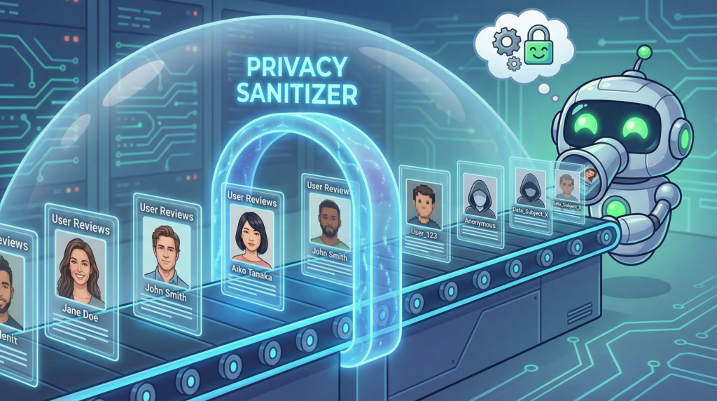 a conveyor belt carries user reviews represented as holographic cards