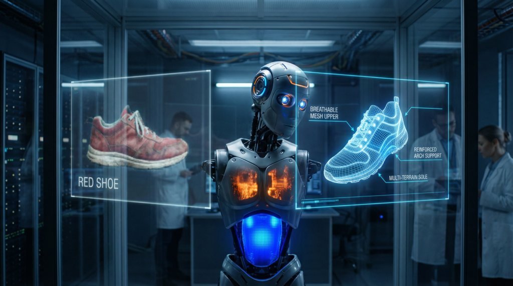 a highly advanced humanoid robot head with complex optical sensors is looking at two different holographic displays.