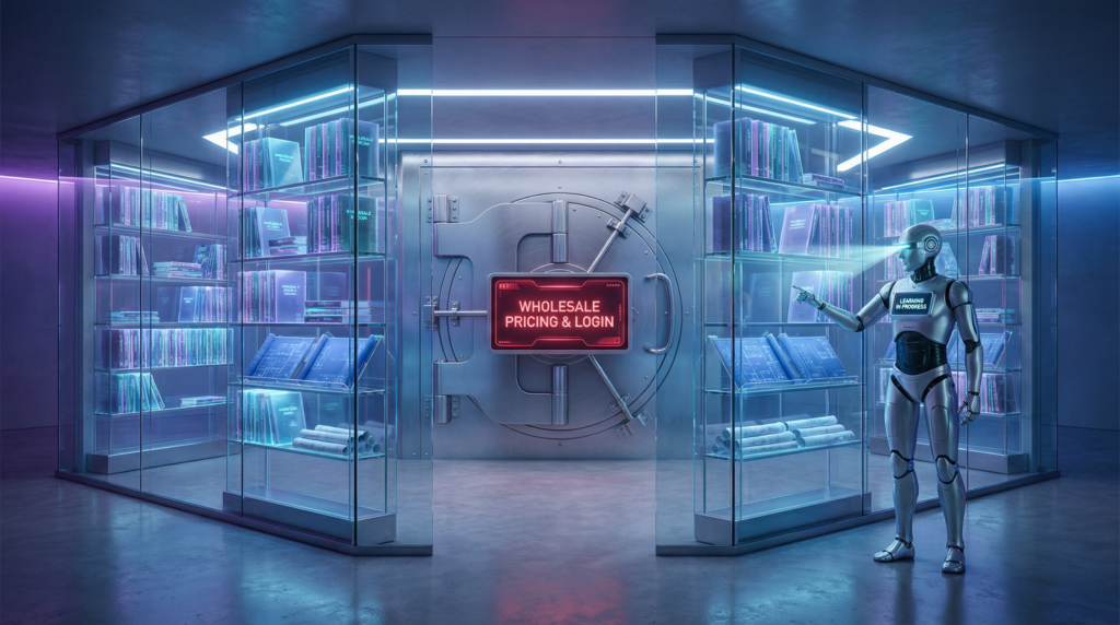 a massive impenetrable steel vault door with a glowing red digital lock labeled wholesale pricing & login