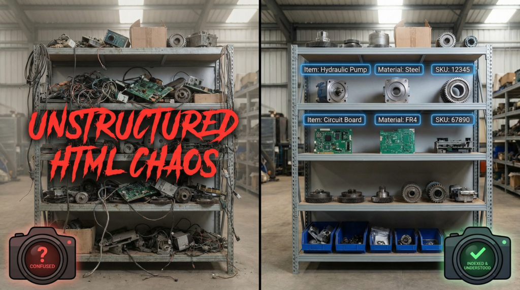 photographic visualization comparing two views of a messy warehouse shelf filled with various unlabeled technical components